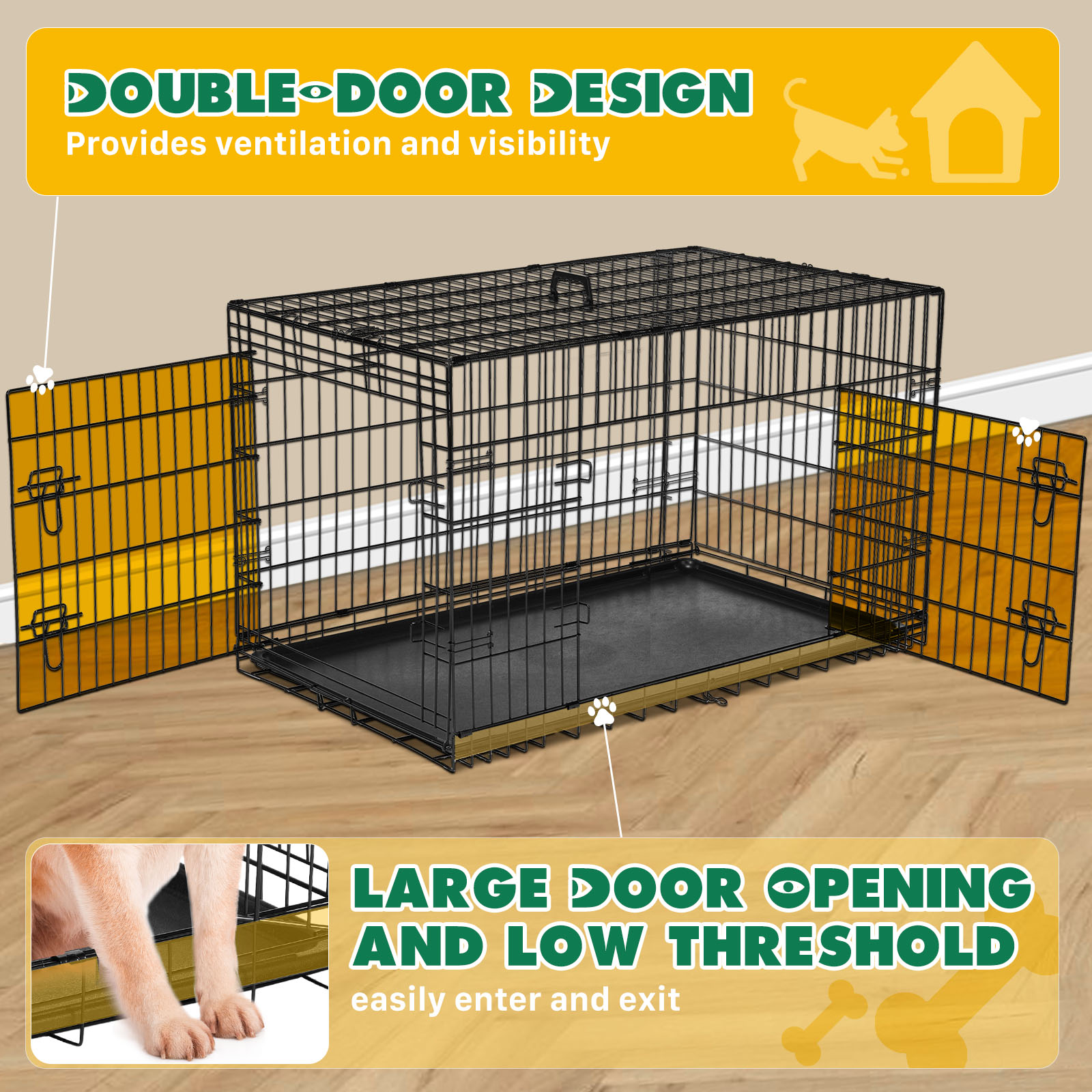 Dog Crate with Divider Panel,36 Inch Double Door Folding Metal Wire Dog Cage with Plastic Leak-Proof Pan Tray, Pet Kennel for Indoor