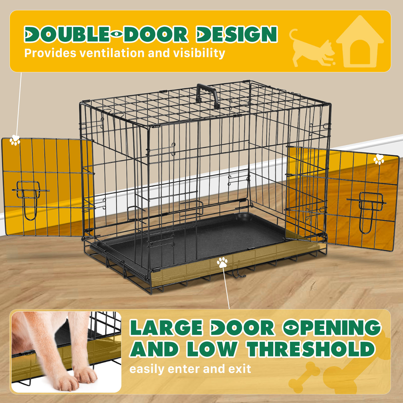 Dog Crate with Divider Panel,36 Inch Double Door Folding Metal Wire Dog Cage with Plastic Leak-Proof Pan Tray, Pet Kennel for Indoor