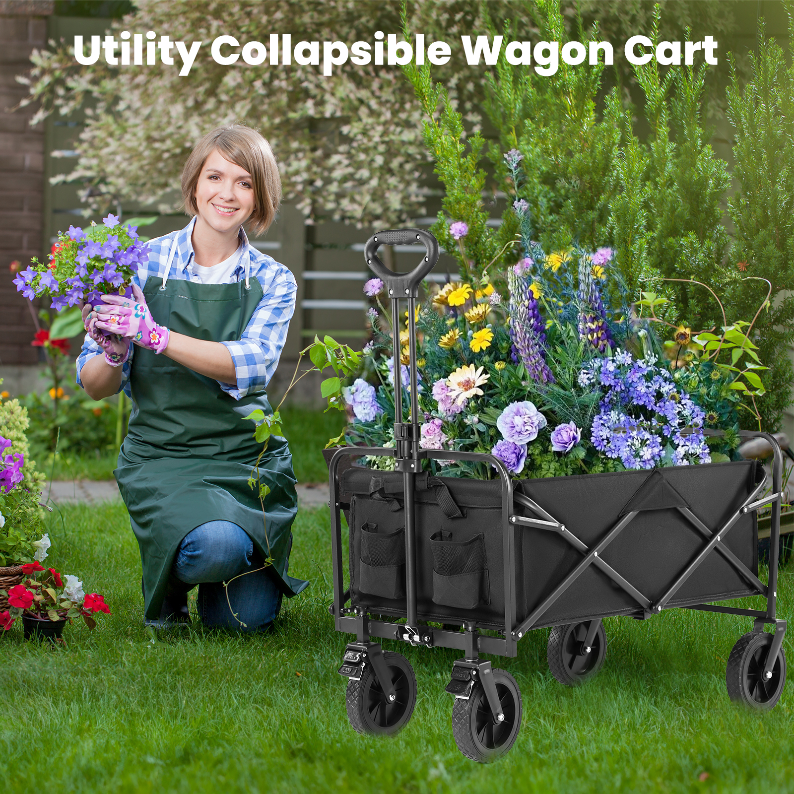 Folding Wagon Cart with Wheels,  Foldable Grocery Cart,Large,black