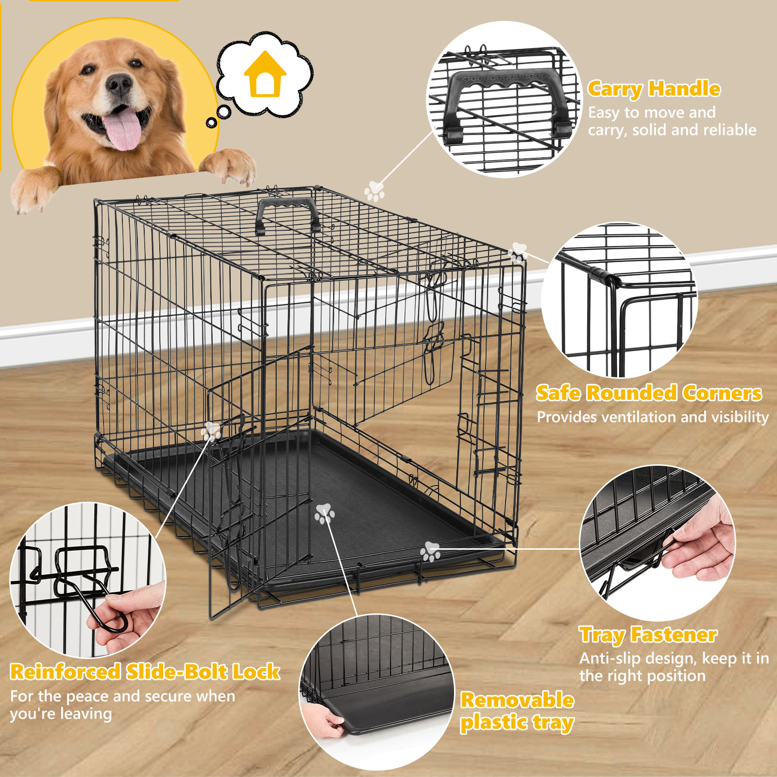 Dog Crate with Divider Panel,36 Inch Double Door Folding Metal Wire Dog Cage with Plastic Leak-Proof Pan Tray, Pet Kennel for Indoor