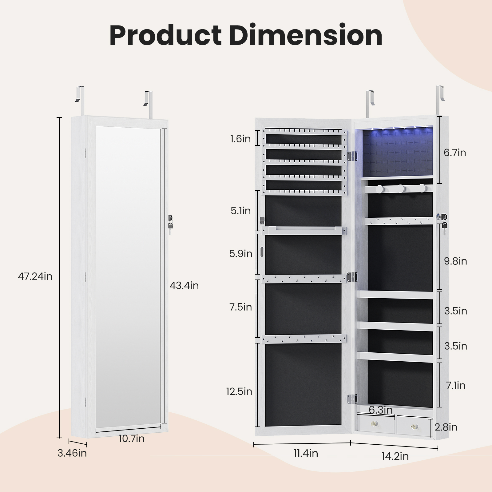 Wall-Mount/Door-Hanging Jewelry Armoire Large Capacity Mirror & LED Lights Lockable Organizer, 47.2-Inch Tall 6 LEDs Lockable Jewelry Cabinet, 2 Drawers, Multiple Shelves