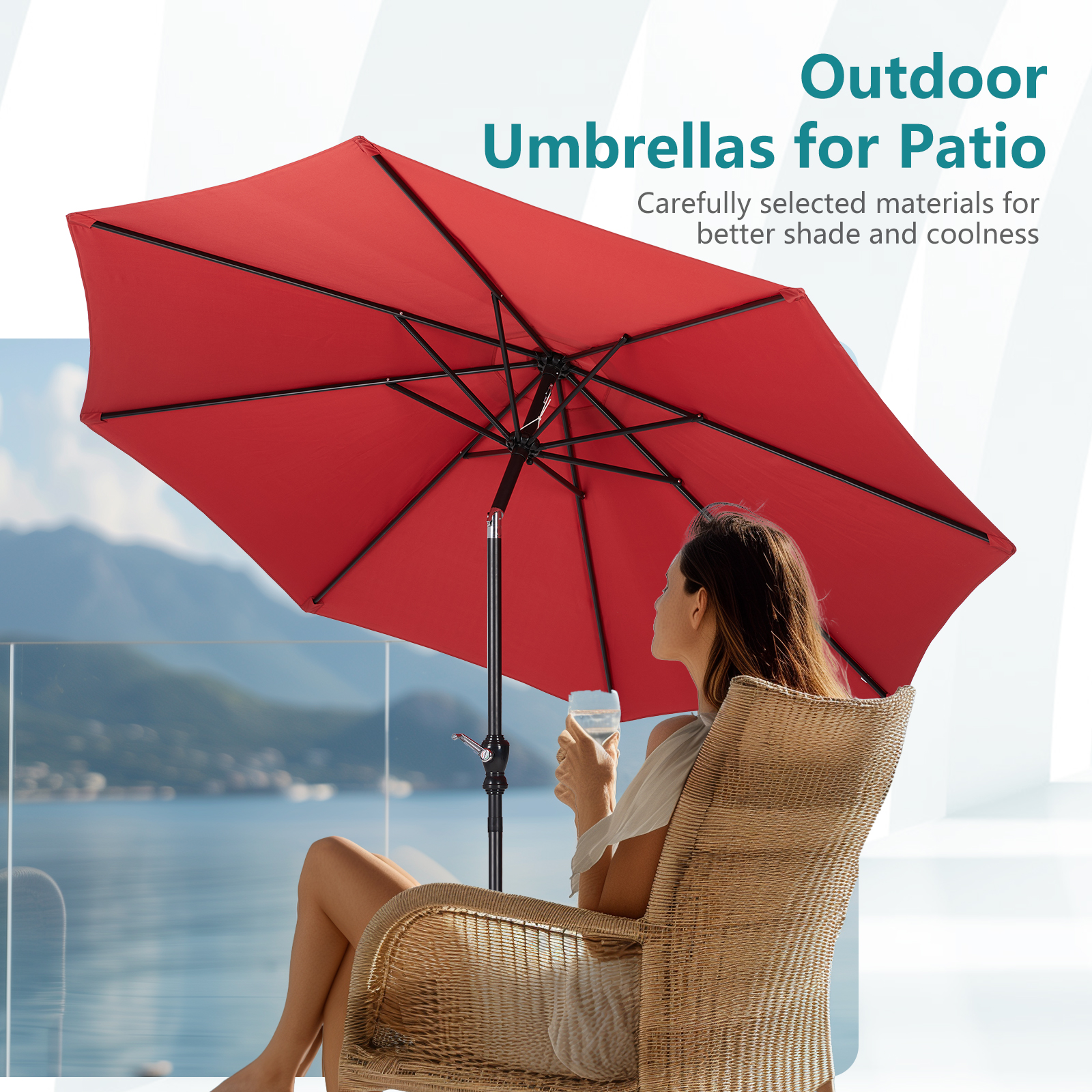 9 foot outdoor patio umbrella with button tilt and crank, Outdoor patio/market table umbrella UV protected and waterproof, Red