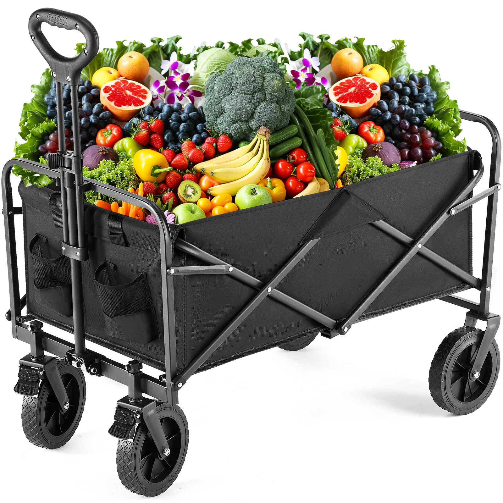 Folding Wagon Cart with Wheels,  Foldable Grocery Cart,Large,black