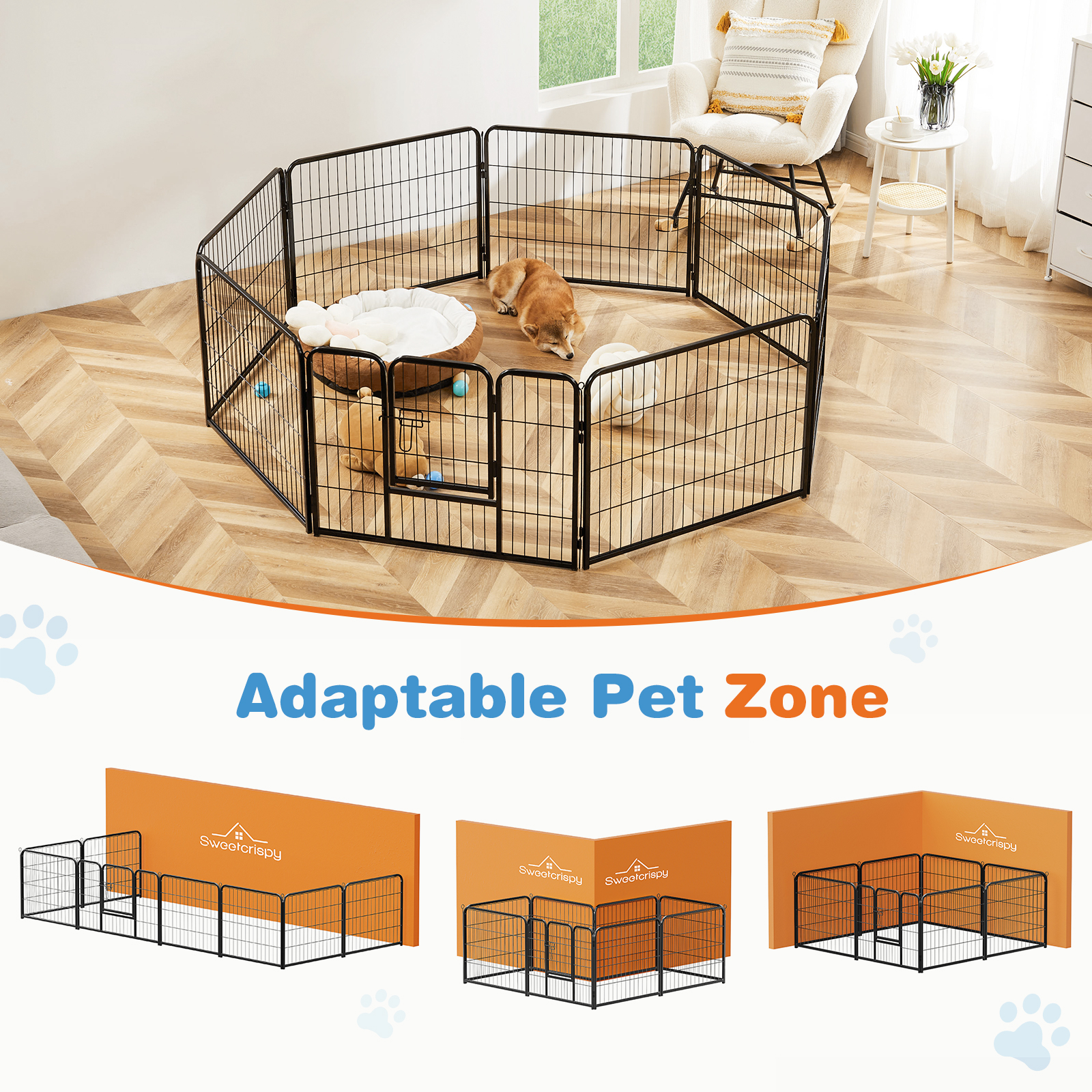 Dog Playpen Indoor with Door, Fence for Small Pet Animals, Puppy Cage with Gate for Yard Outdoor, 8 Panel 32 Inch Tall, Black