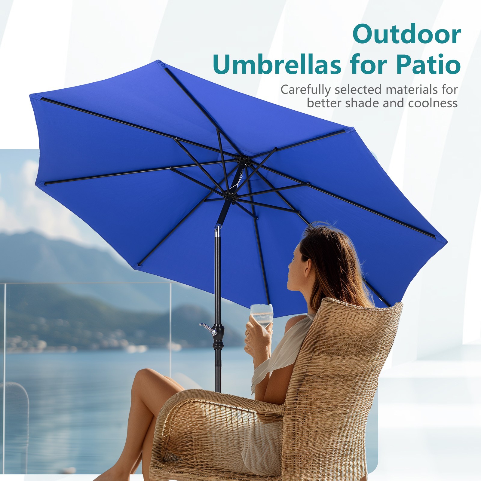 9 foot outdoor patio umbrella with button tilt and crank, Outdoor patio/market table umbrella UV protected and waterproof, blue