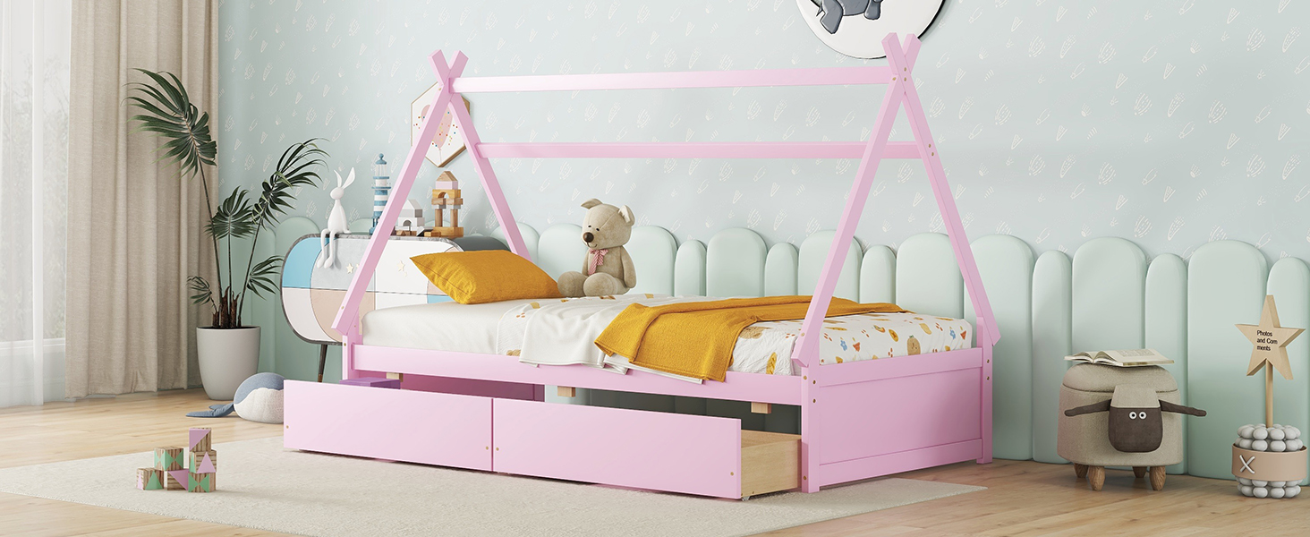 Twin Size House Platform Bed with Two Drawers,Headboard and Footboard, Pink