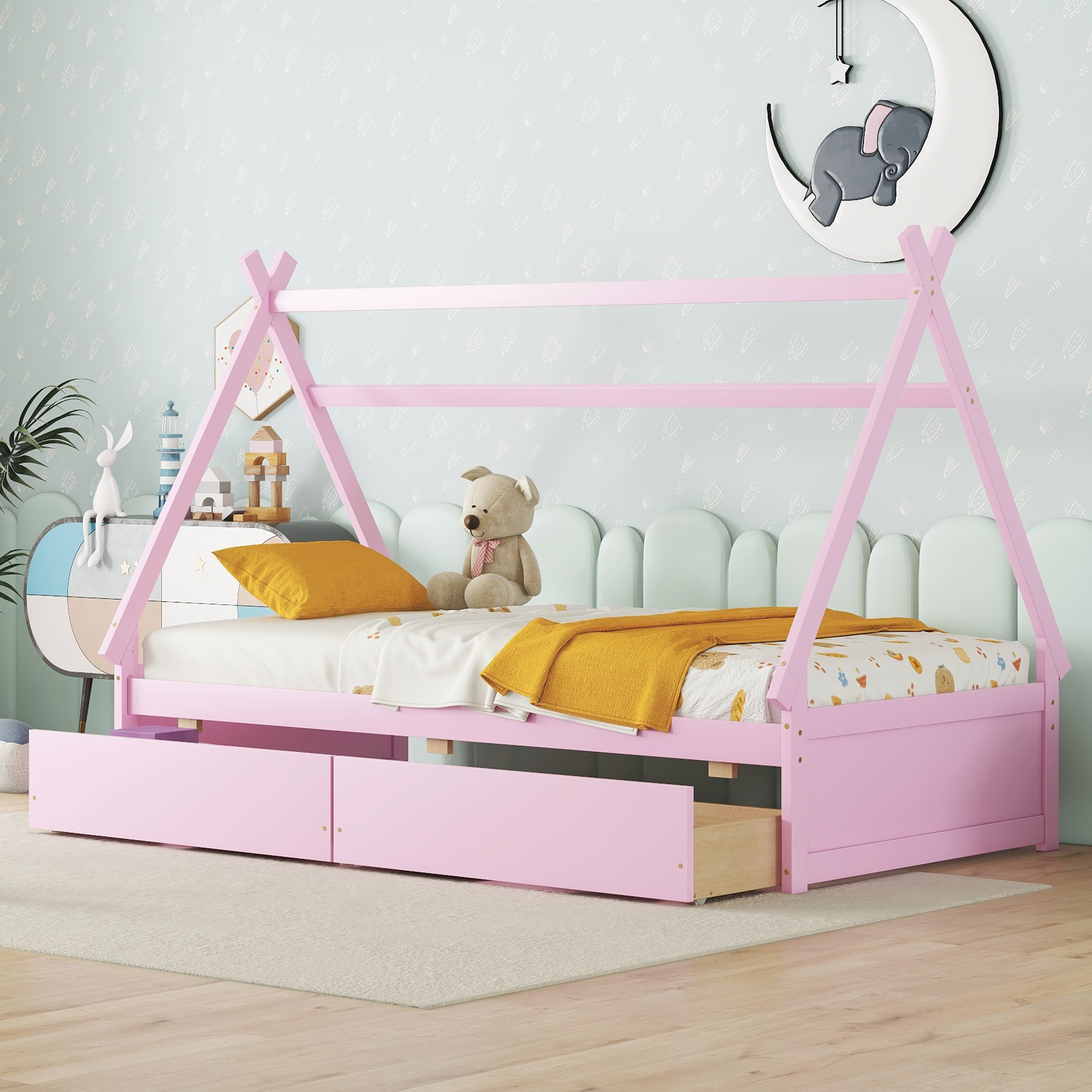 Twin Size House Platform Bed with Two Drawers,Headboard and Footboard, Pink