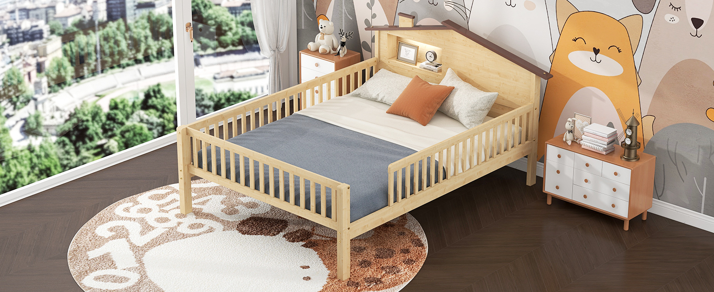 Full Size Wood Platform Bed with House-shaped Headboard, LED and Built-in Storage, Natural