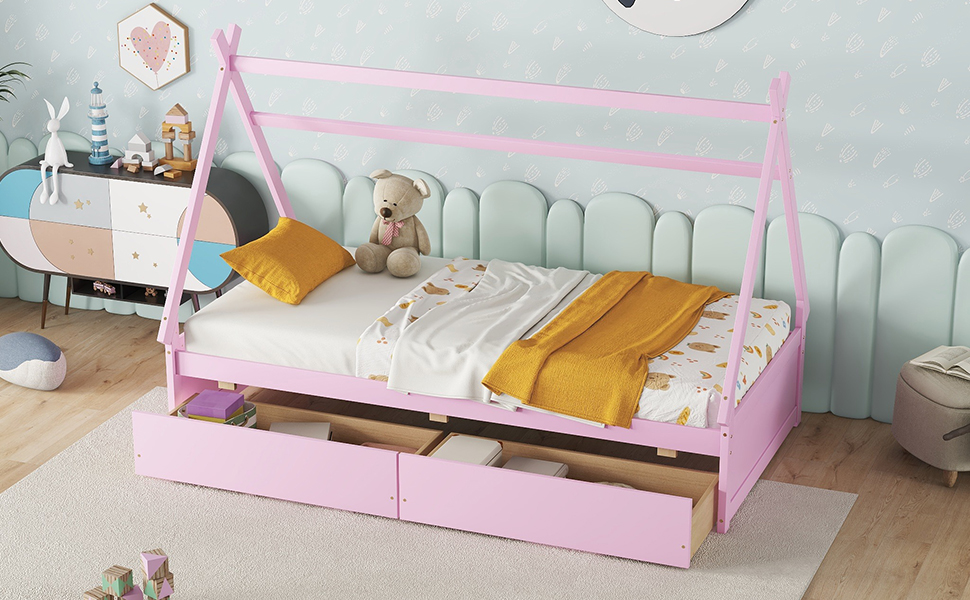 Twin Size House Platform Bed with Two Drawers,Headboard and Footboard, Pink