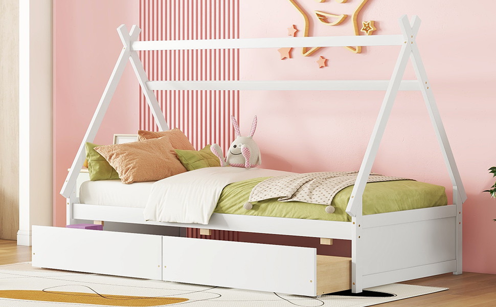 Twin Size House Platform Bed with Two Drawers,Headboard and Footboard, White