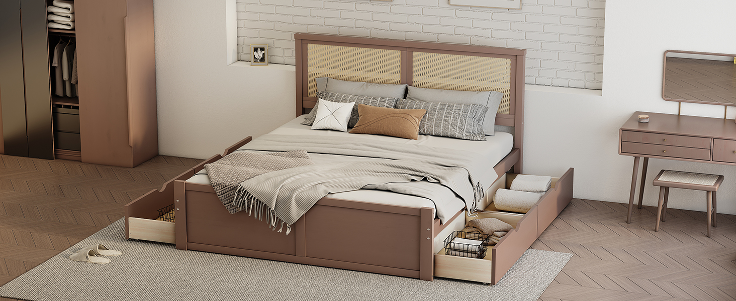 Full Size Wood Storage Platform Bed with 4 Drawers, Rattan Headboard, Espresso