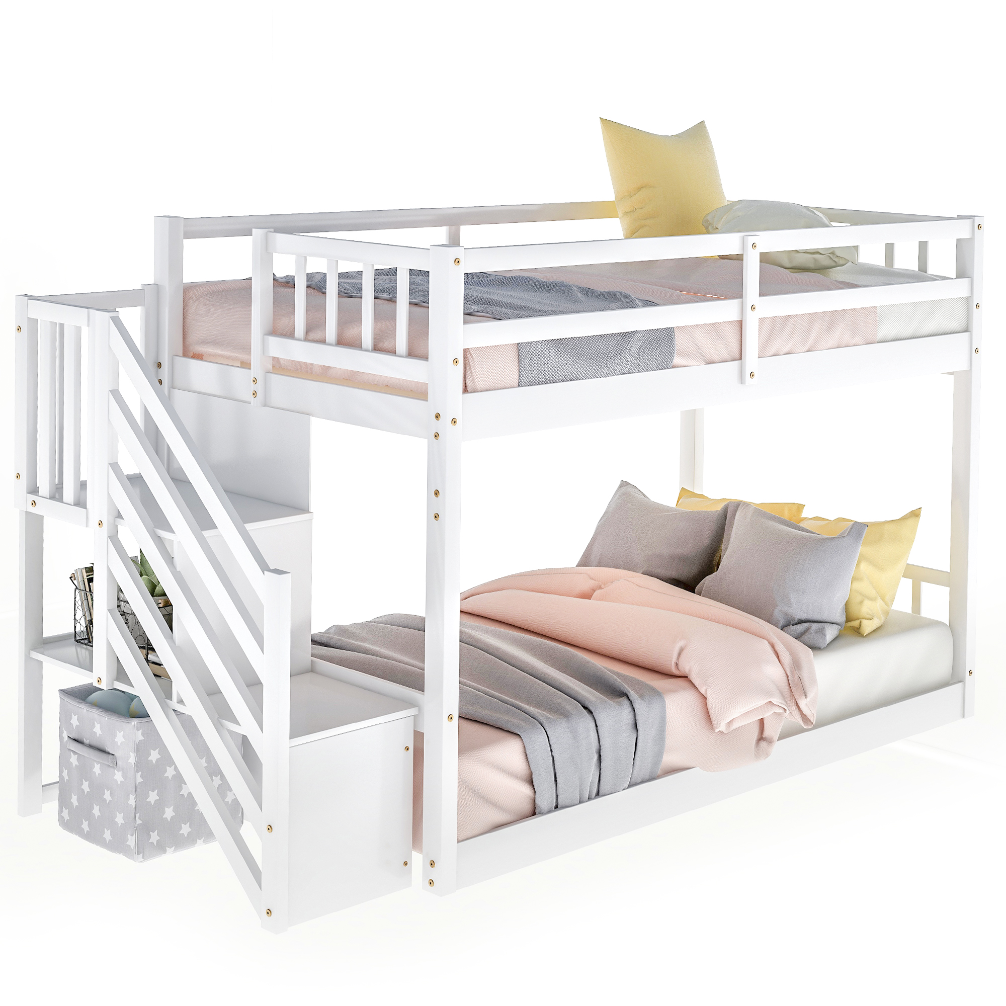 Twin over Twin Floor Bunk Bed, Ladder with Storage, White