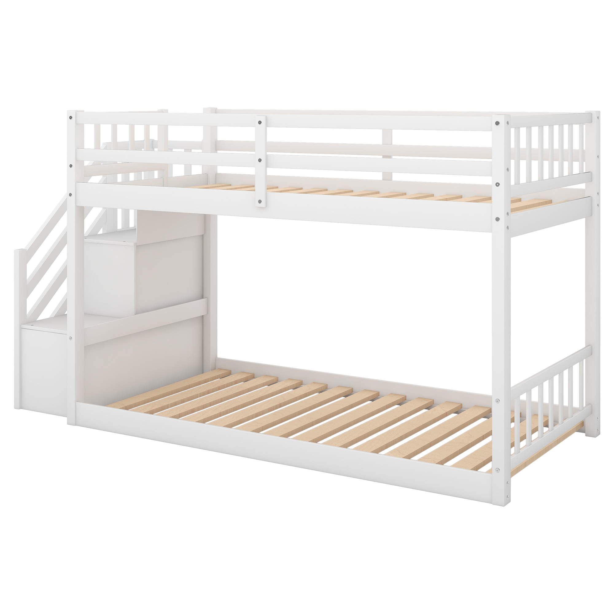 Twin over Twin Floor Bunk Bed, Ladder with Storage, White