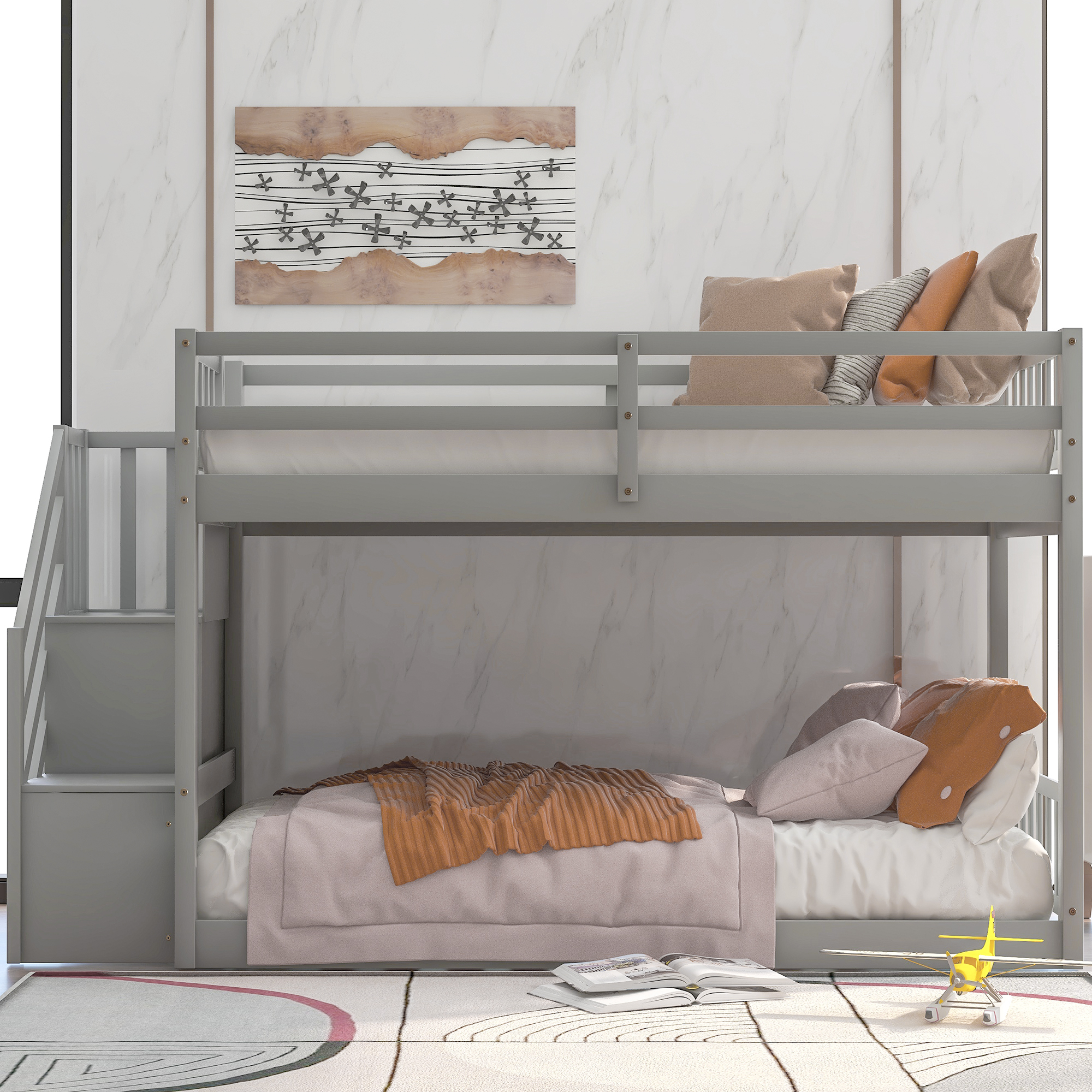 Twin over Twin Floor Bunk Bed, Ladder with Storage, Gray