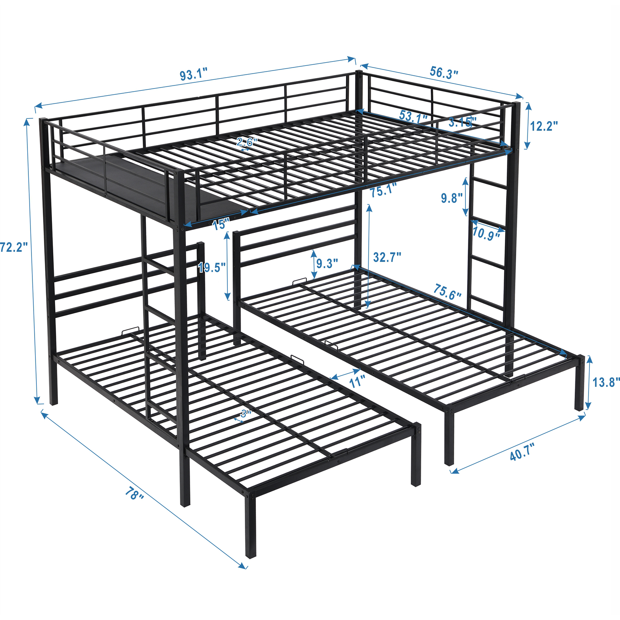 Full over Twin&Twin Size Bunk Bed with Built-in Shelf, Black