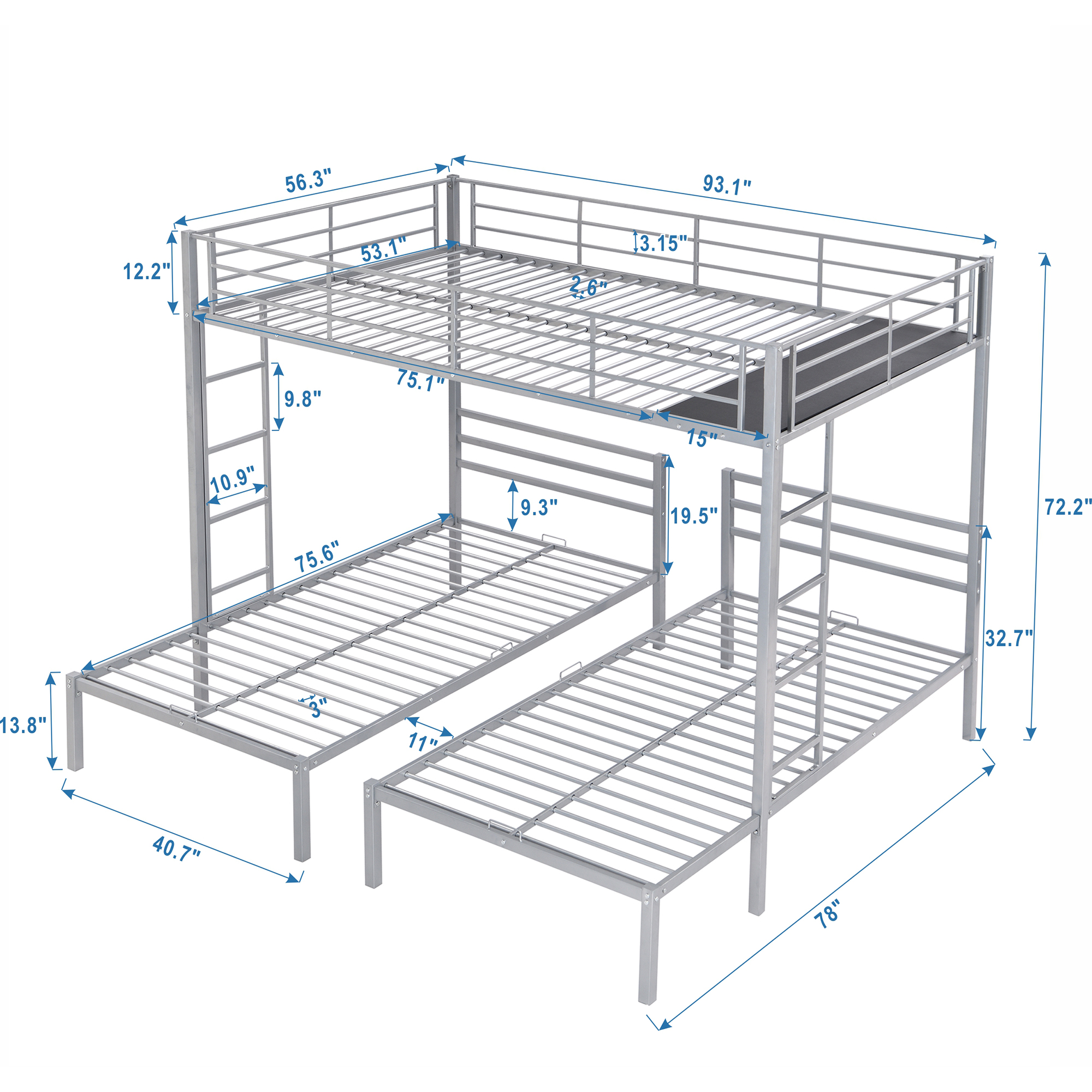 Full over Twin&Twin Size Bunk Bed with Built-in Shelf, Silver