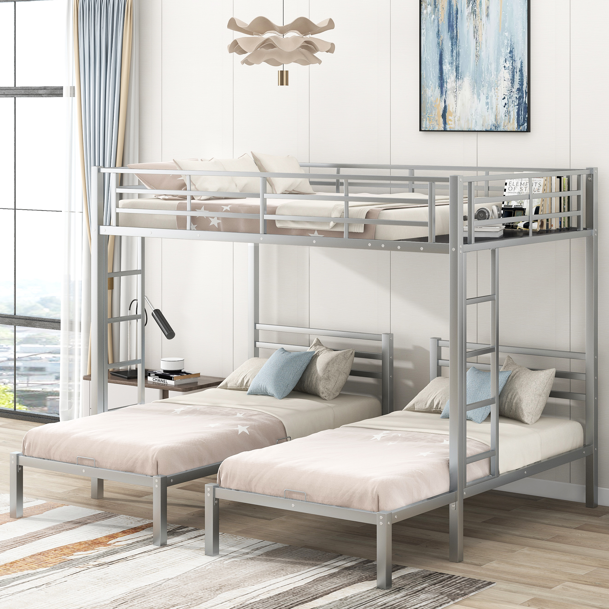 Full over Twin&Twin Size Bunk Bed with Built-in Shelf, Silver