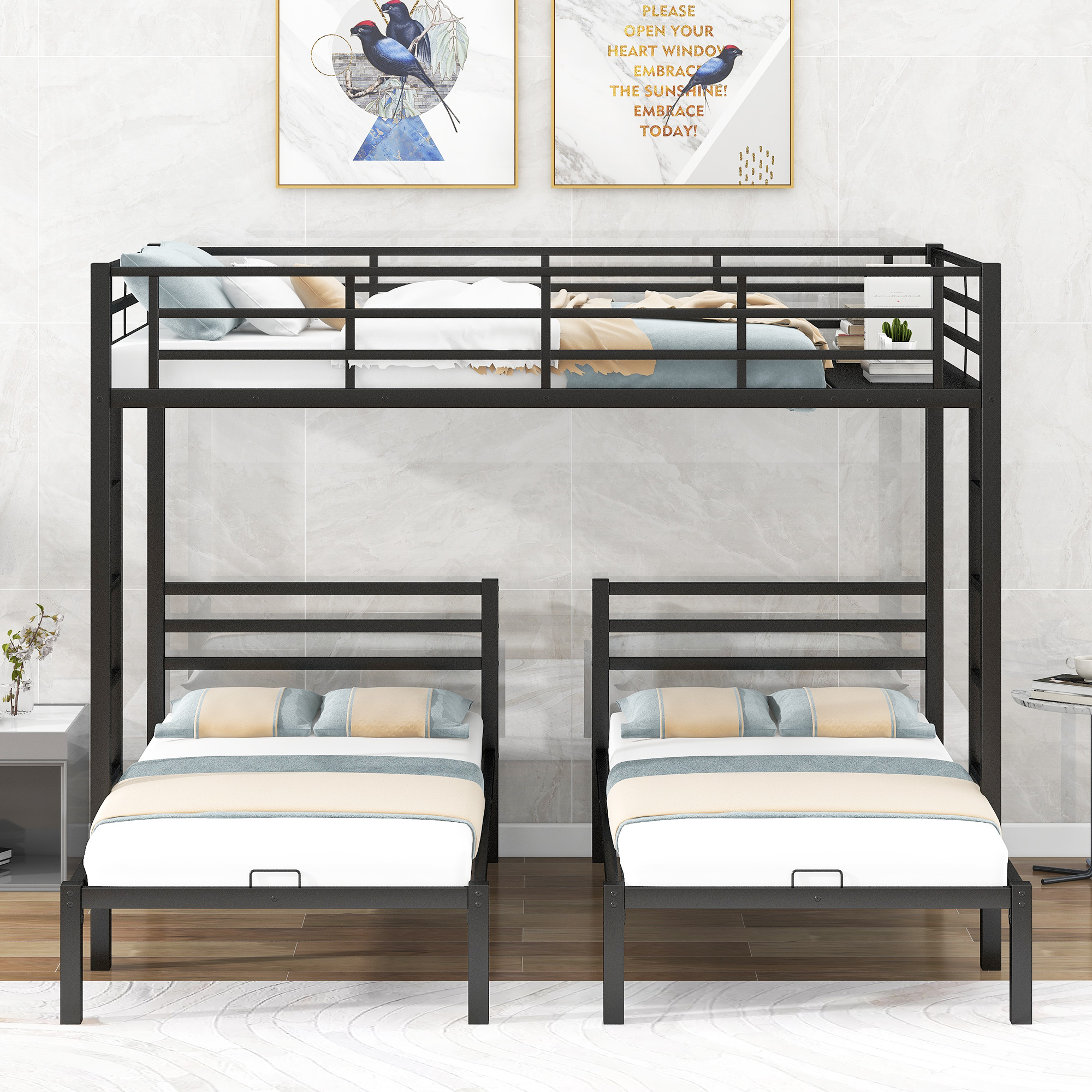 Full over Twin&Twin Size Bunk Bed with Built-in Shelf, Black