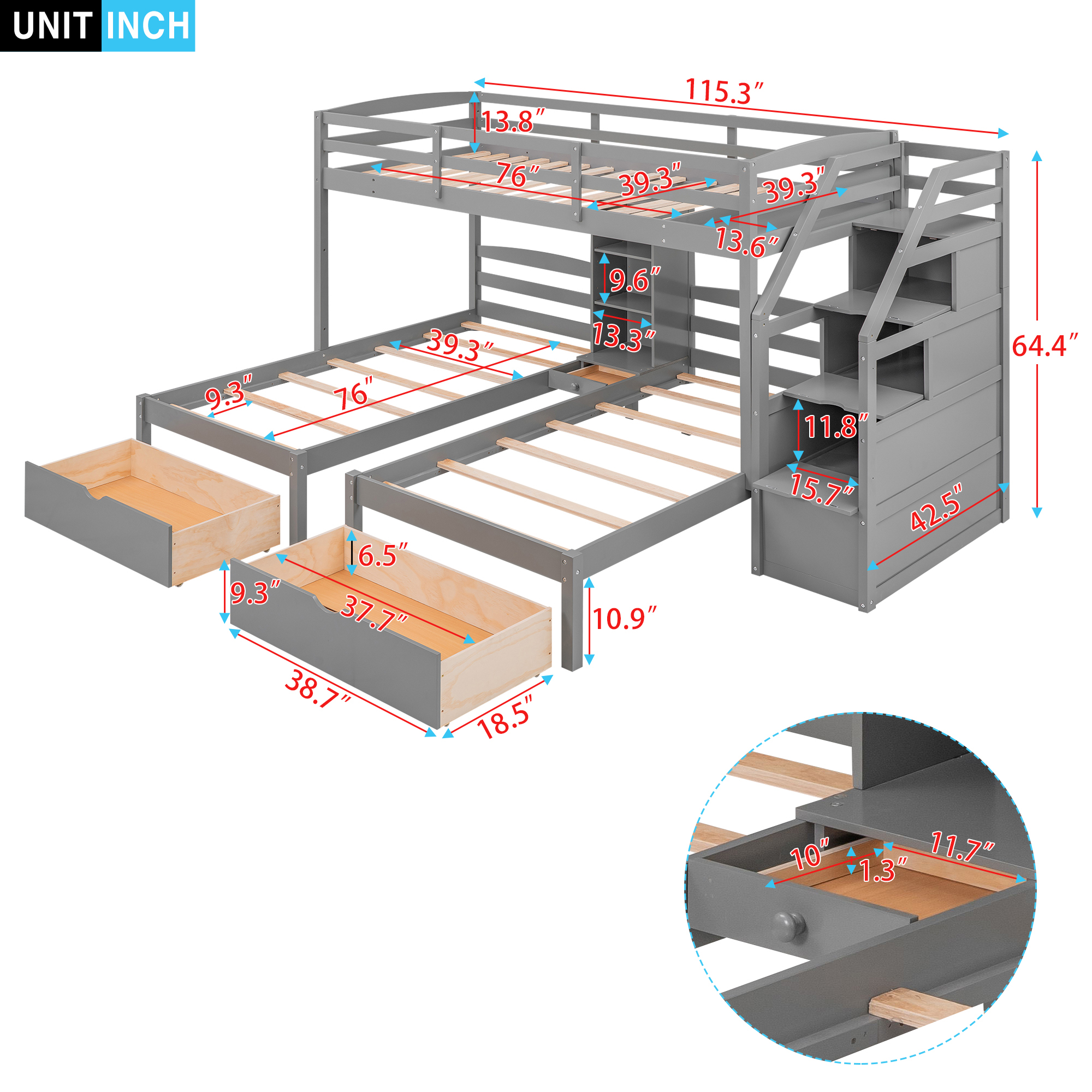 Twin over Twin&Twin Bunk Bed, Triple Bunk Bed with Drawers, Staircase with Storage, Built-in Shelves, Gray