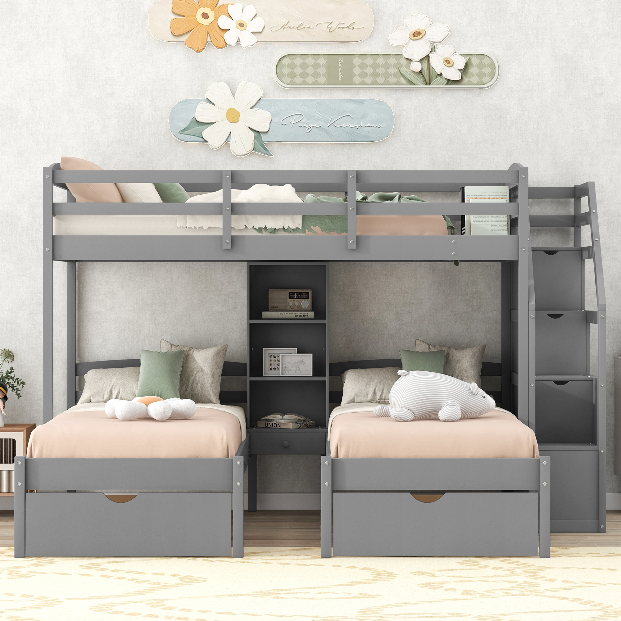 Twin over Twin&Twin Bunk Bed, Triple Bunk Bed with Drawers, Staircase with Storage, Built-in Shelves, Gray