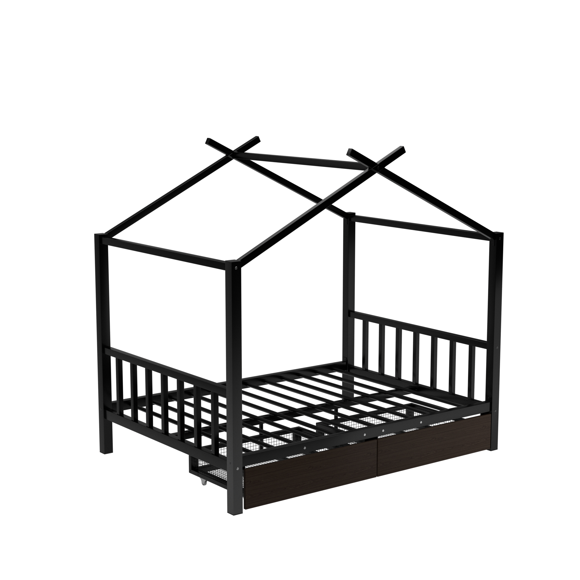 Full Size Metal House Platform Bed with Two Drawers,Headboard and Footboard,Roof Design,Black