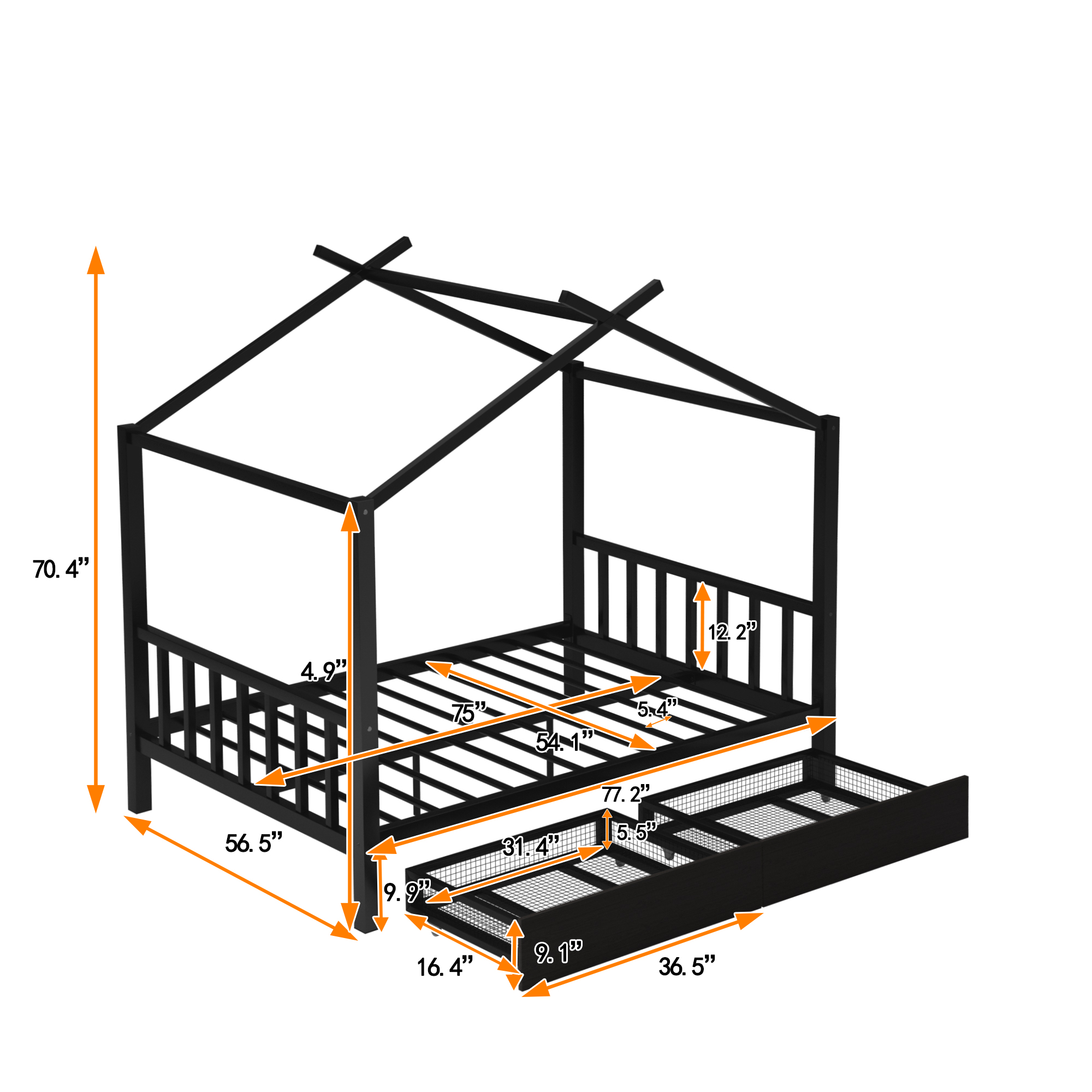 Full Size Metal House Platform Bed with Two Drawers,Headboard and Footboard,Roof Design,Black