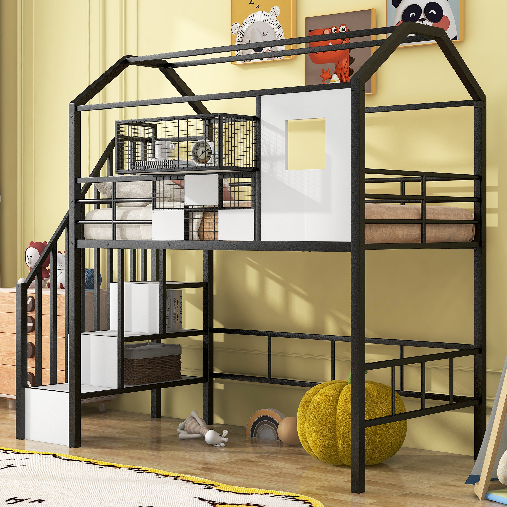 Metal Loft Bed with roof design and a storage box, Twin, Black