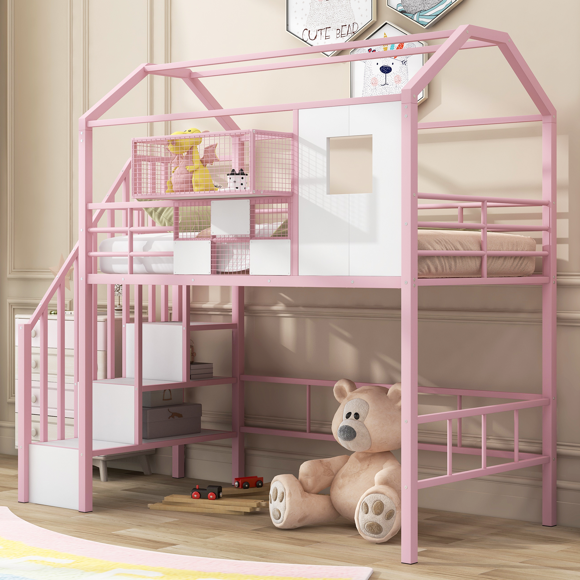 Metal Loft Bed with roof design and a storage box, Twin, Pink