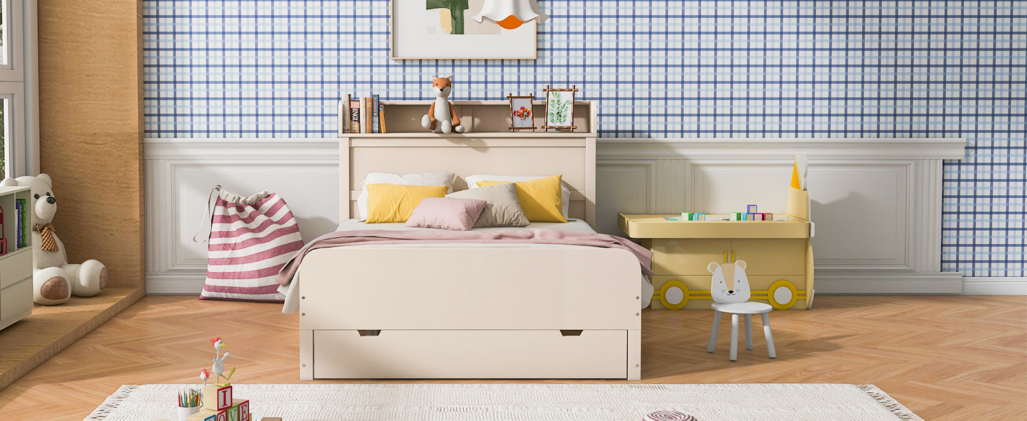 Full Size Platform Bed with Storage Headboard and a Big Drawer, Cream