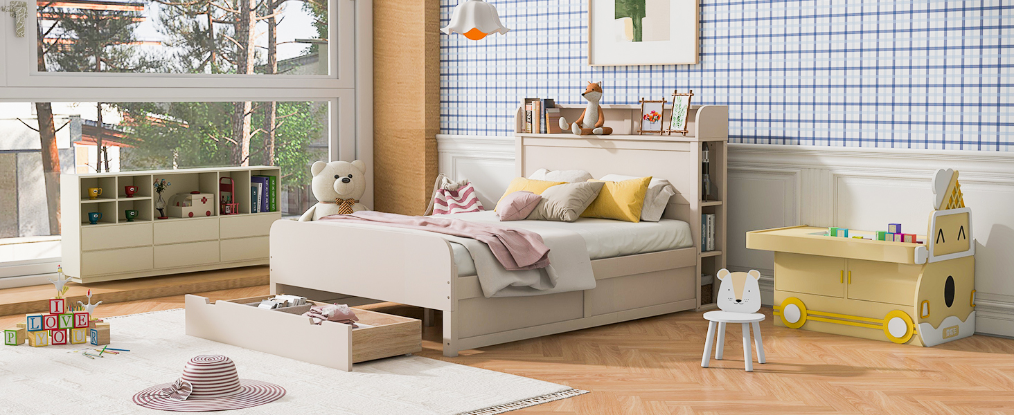 Full Size Platform Bed with Storage Headboard and a Big Drawer, Cream