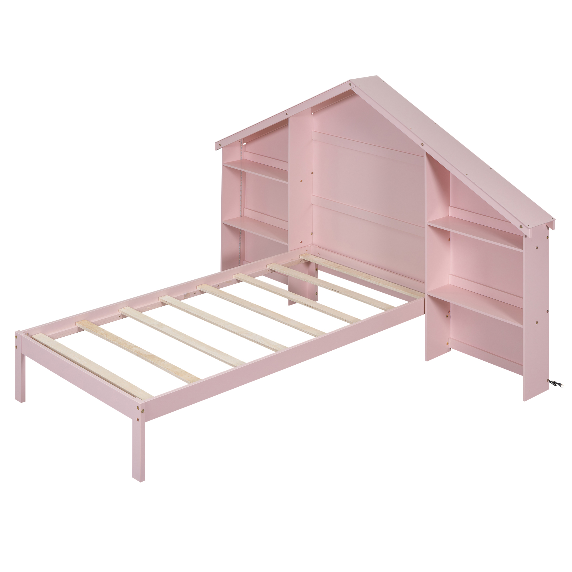 Wood Twin Size Platform Bed with House-shaped Storage Headboard and Built-in LED, Pink