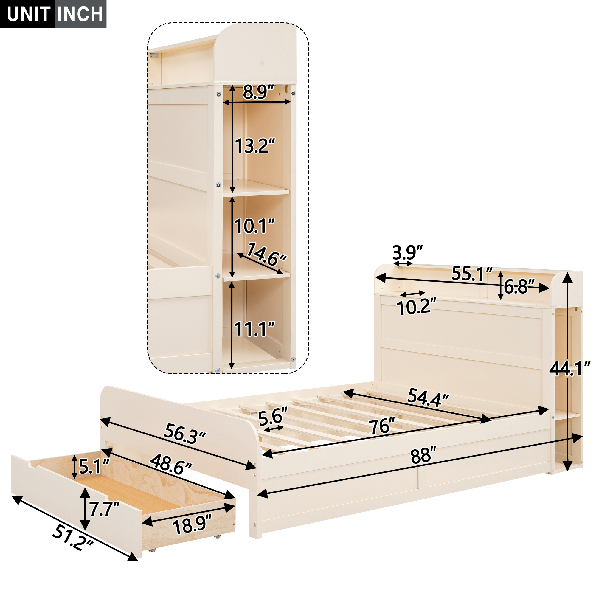 Full Size Platform Bed with Storage Headboard and a Big Drawer, Cream