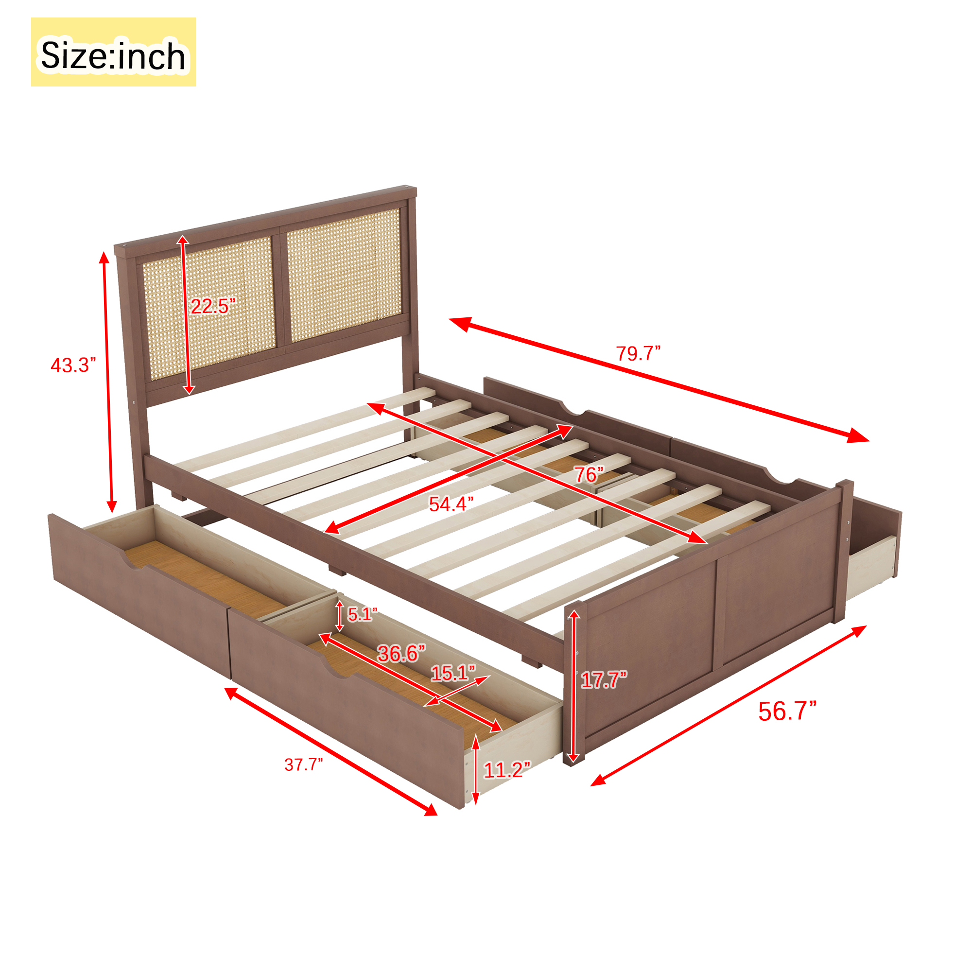 Full Size Wood Storage Platform Bed with 4 Drawers, Rattan Headboard, Espresso