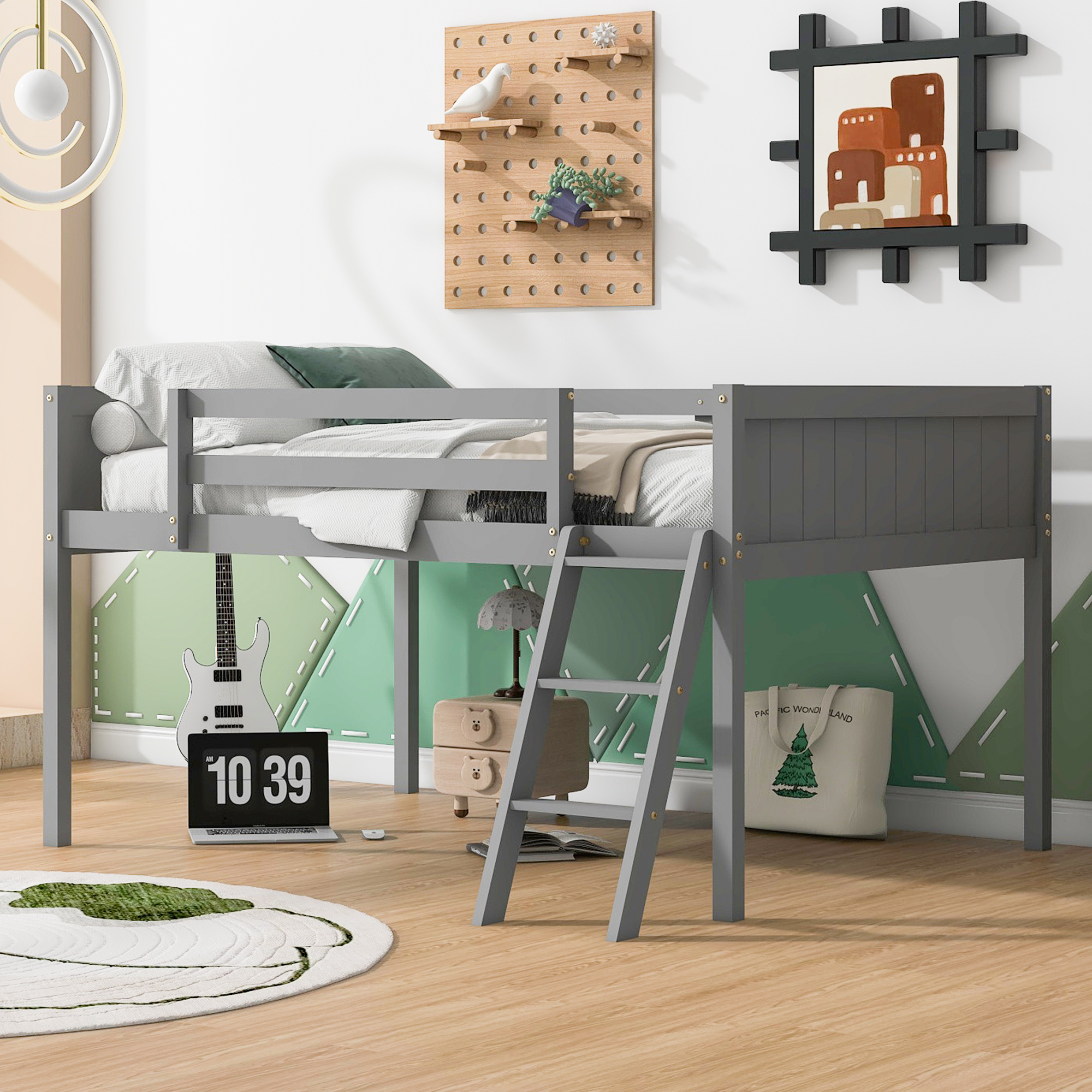 Full Size Wood Low Loft Bed with Ladder, ladder can be placed on the left or right, Gray