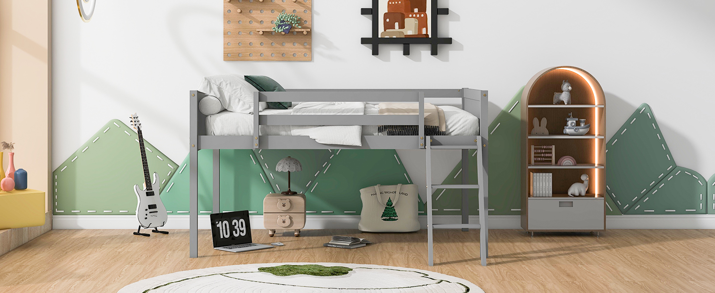 Full Size Wood Low Loft Bed with Ladder, ladder can be placed on the left or right, Gray