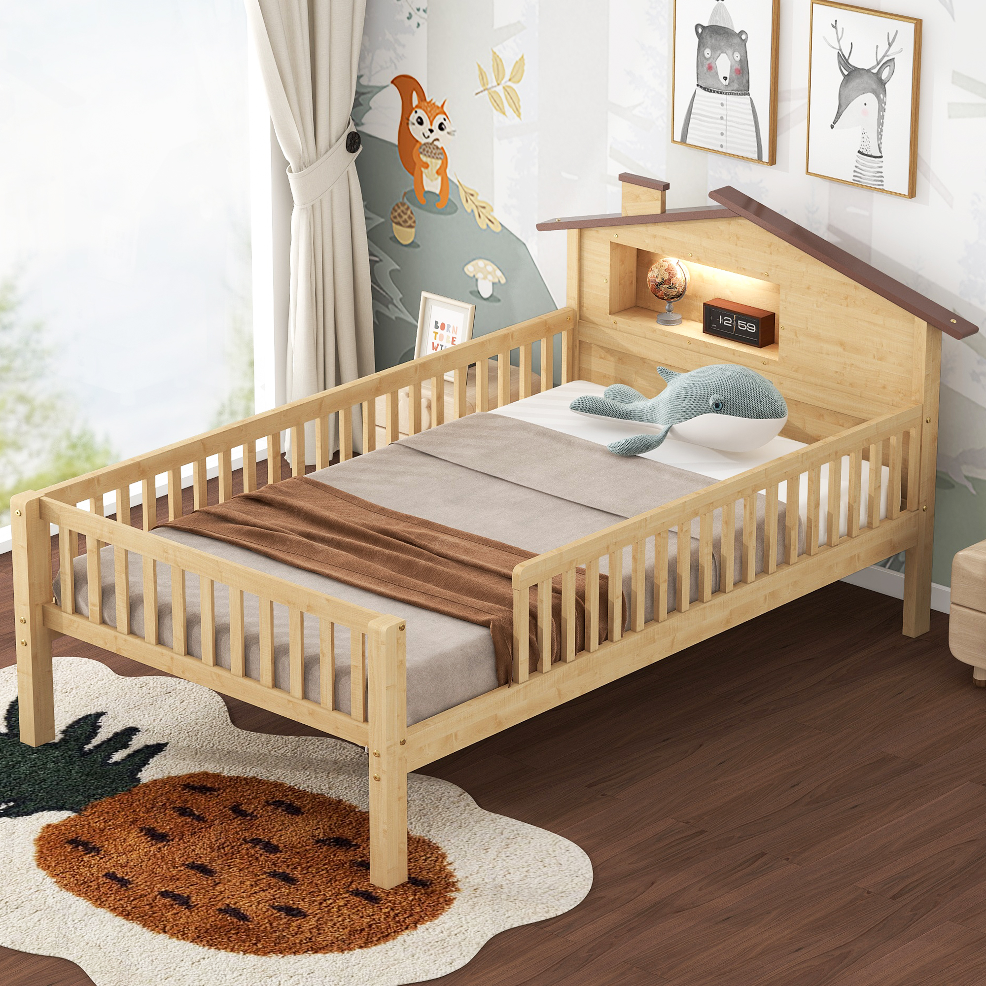 Twin Size Wood Platform Bed with House-shaped Headboard, LED and Built-in Storage, Natural