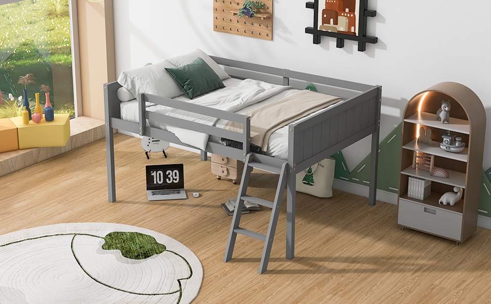 Full Size Wood Low Loft Bed with Ladder, ladder can be placed on the left or right, Gray