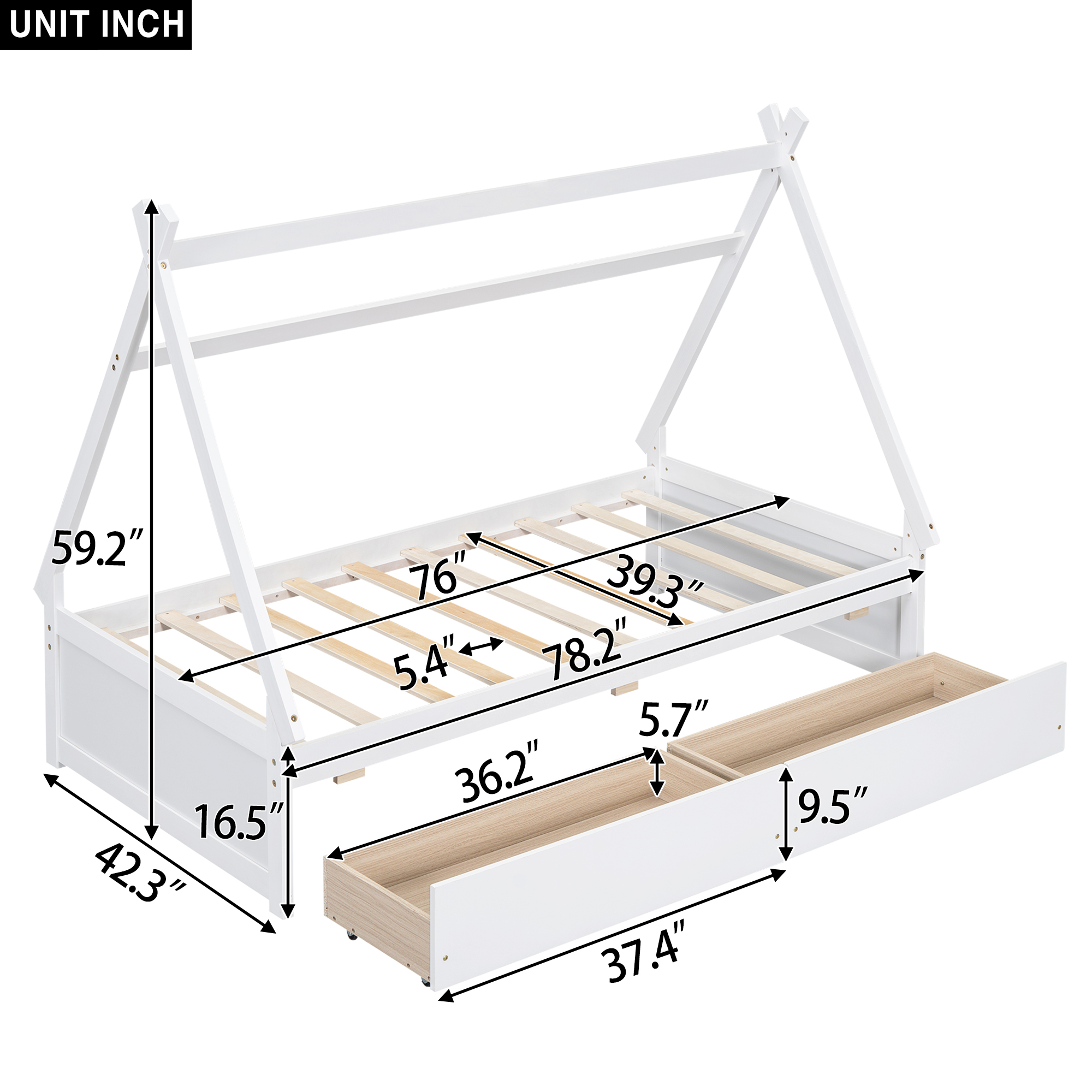 Twin Size House Platform Bed with Two Drawers,Headboard and Footboard, White