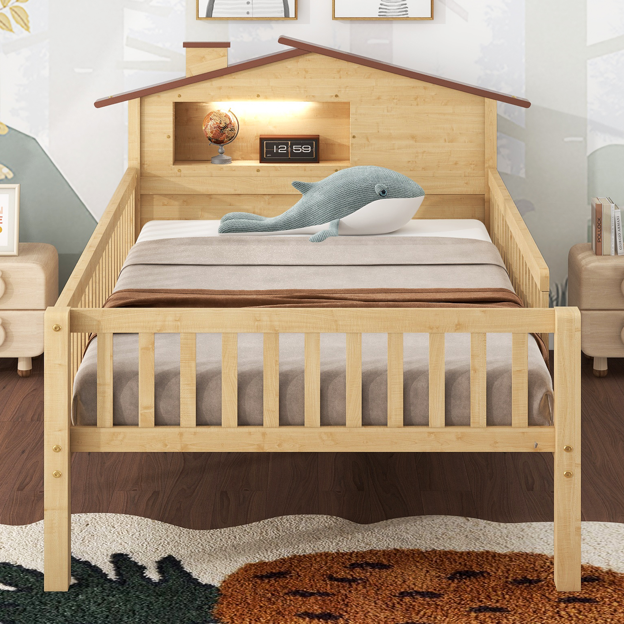 Twin Size Wood Platform Bed with House-shaped Headboard, LED and Built-in Storage, Natural