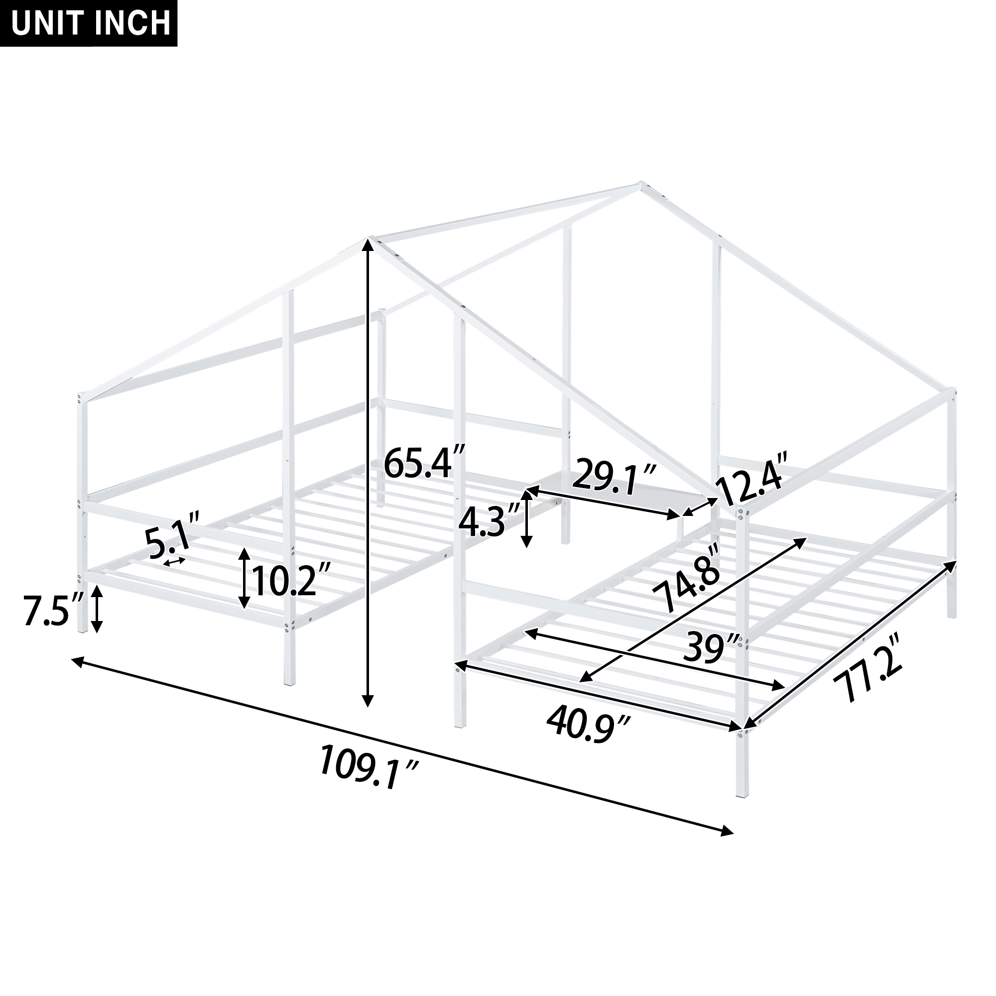 Metal Double Twin Size Triangular House Beds with Built-in Table, White