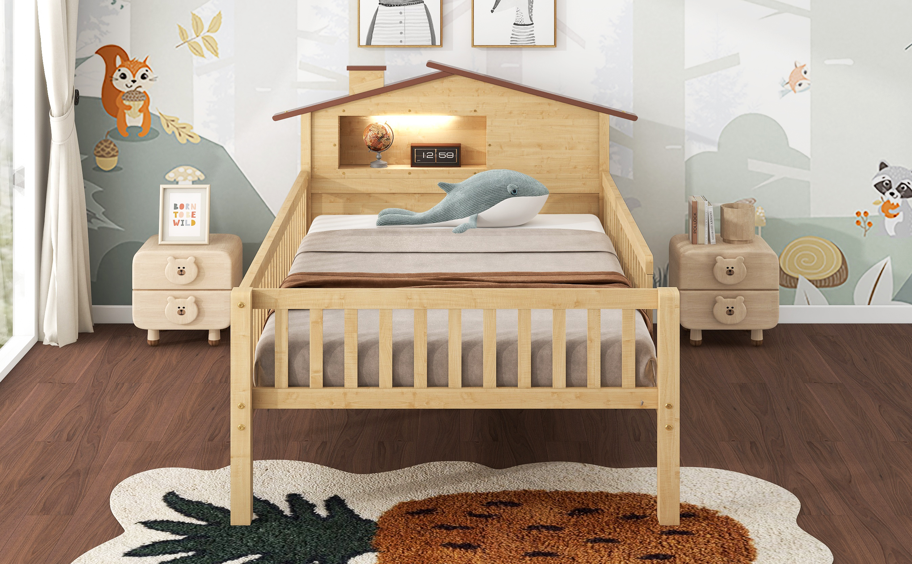 Twin Size Wood Platform Bed with House-shaped Headboard, LED and Built-in Storage, Natural