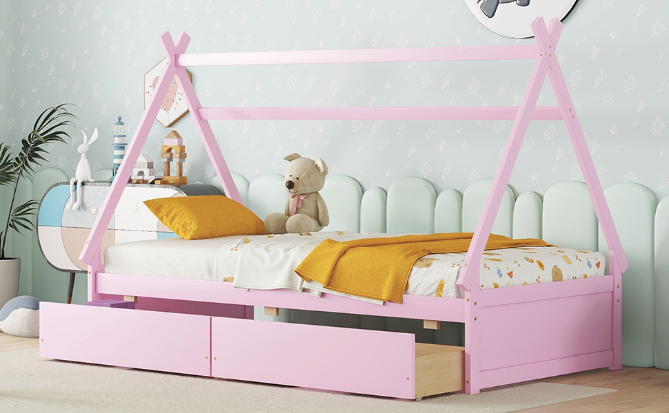 Twin Size House Platform Bed with Two Drawers,Headboard and Footboard, Pink