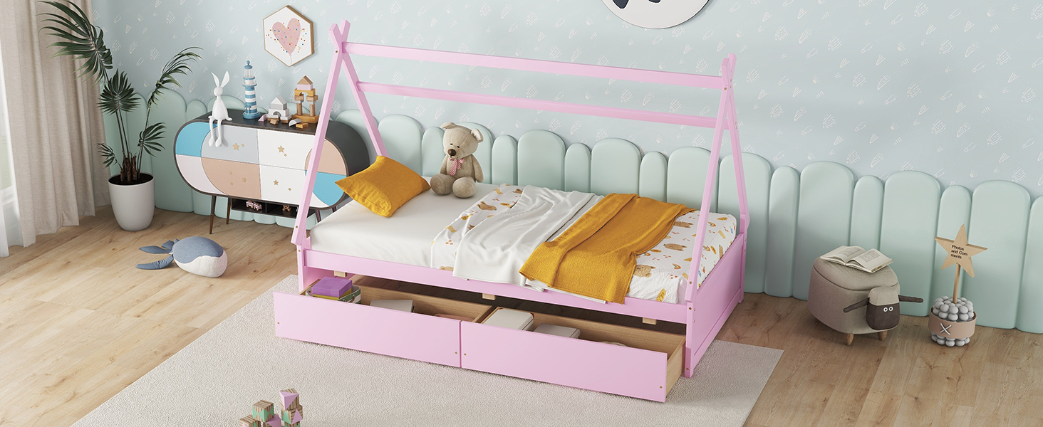 Twin Size House Platform Bed with Two Drawers,Headboard and Footboard, Pink