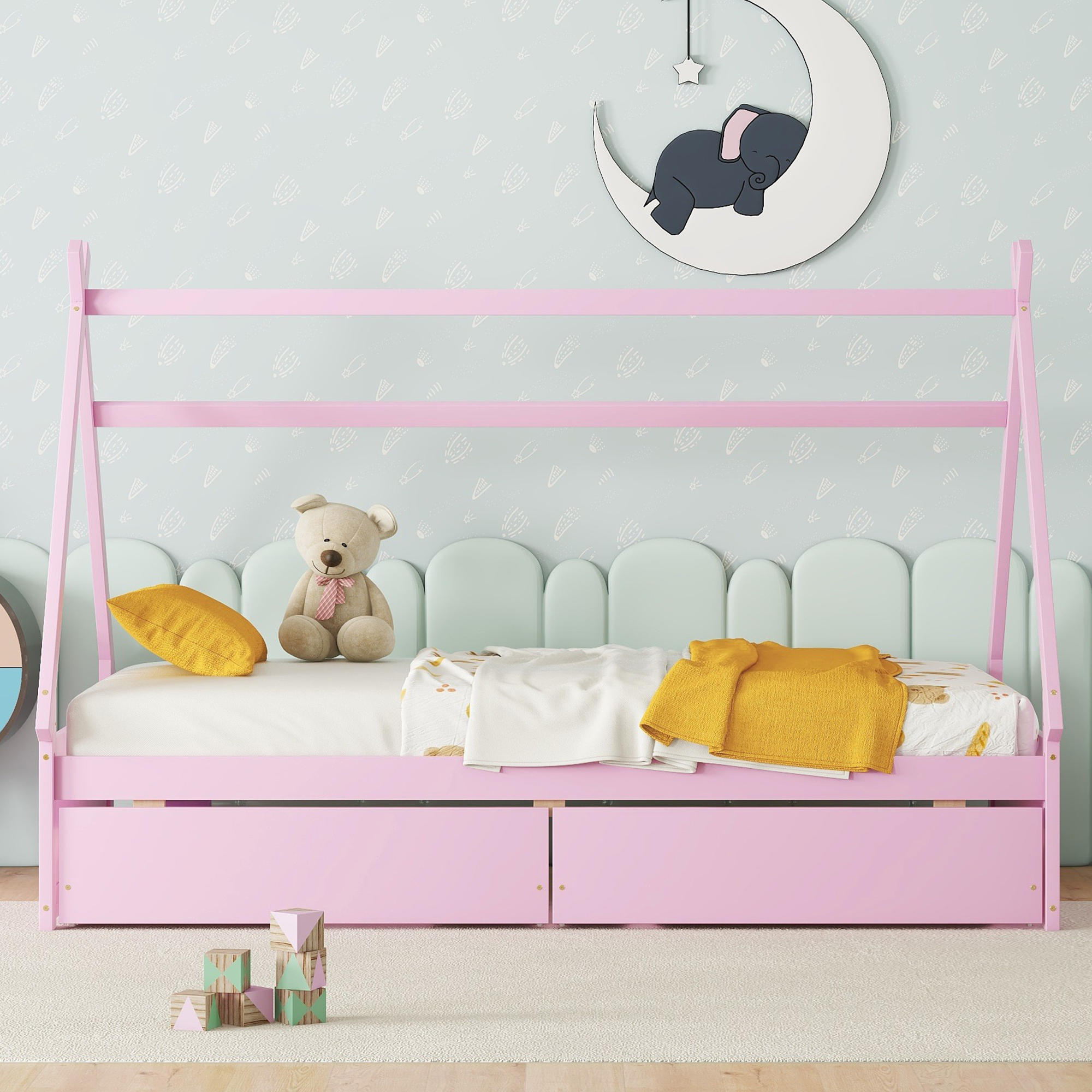 Twin Size House Platform Bed with Two Drawers,Headboard and Footboard, Pink