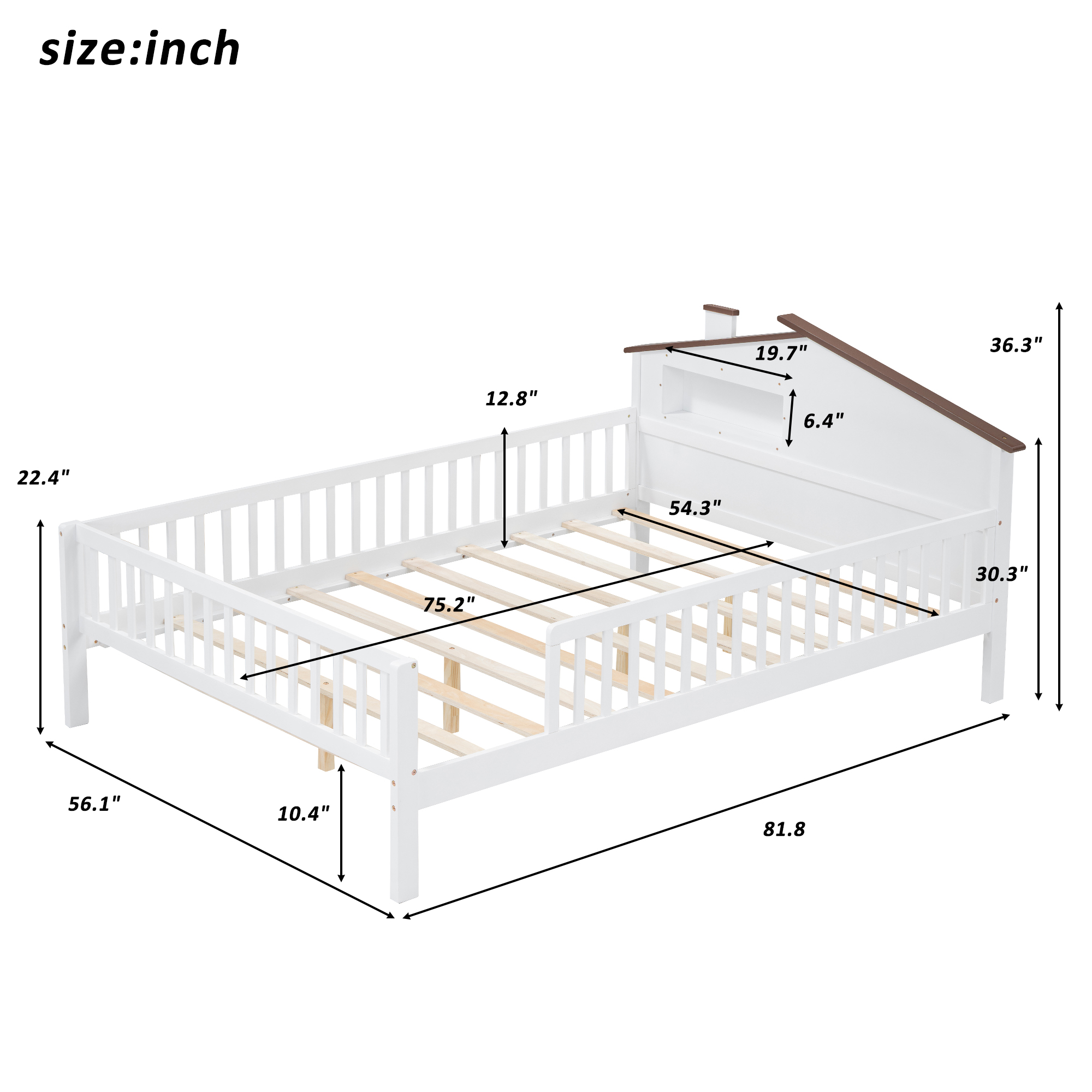 Full Size Wood Platform Bed with House-shaped Headboard, LED and Built-in Storage, White