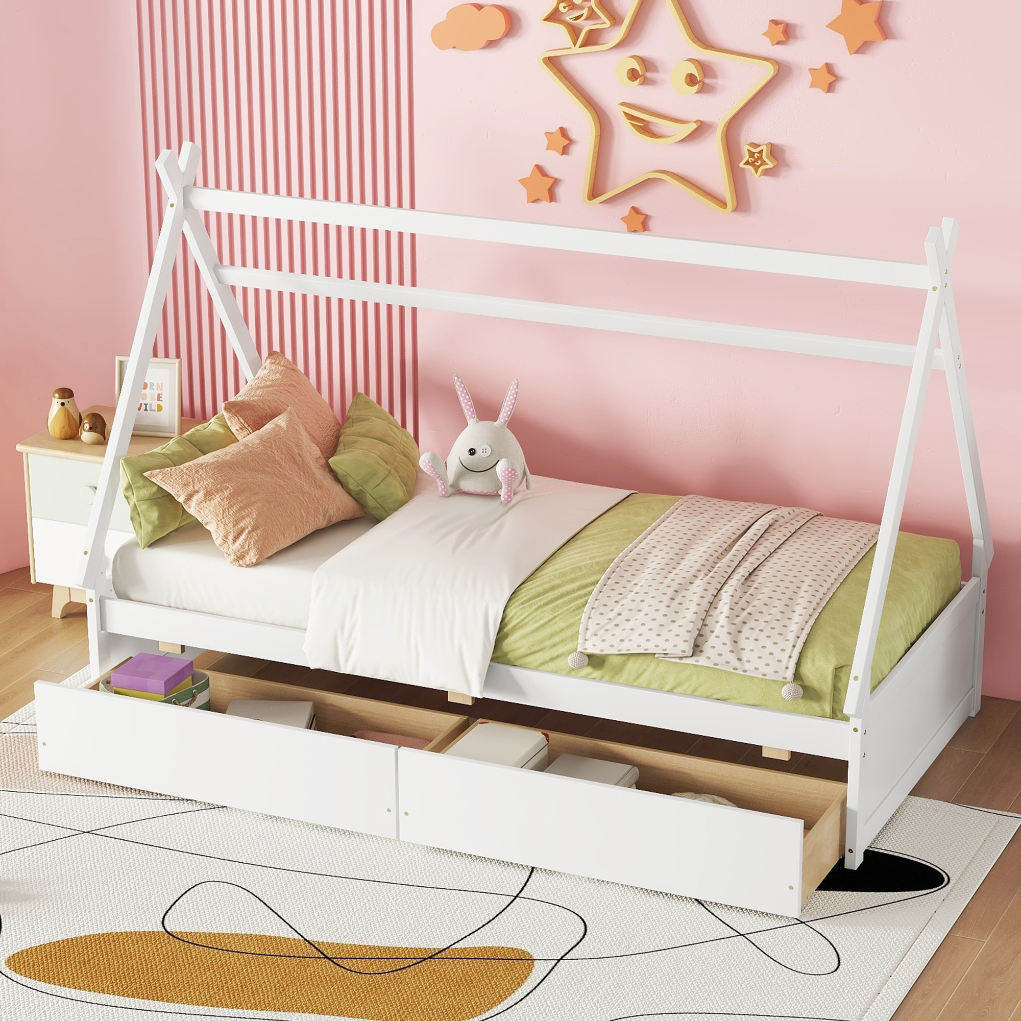 Twin Size House Platform Bed with Two Drawers,Headboard and Footboard, White