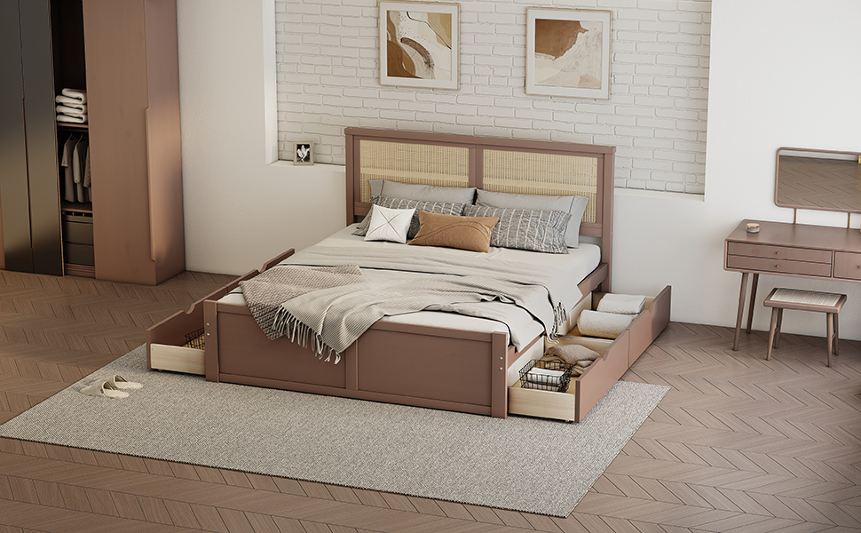 Full Size Wood Storage Platform Bed with 4 Drawers, Rattan Headboard, Espresso