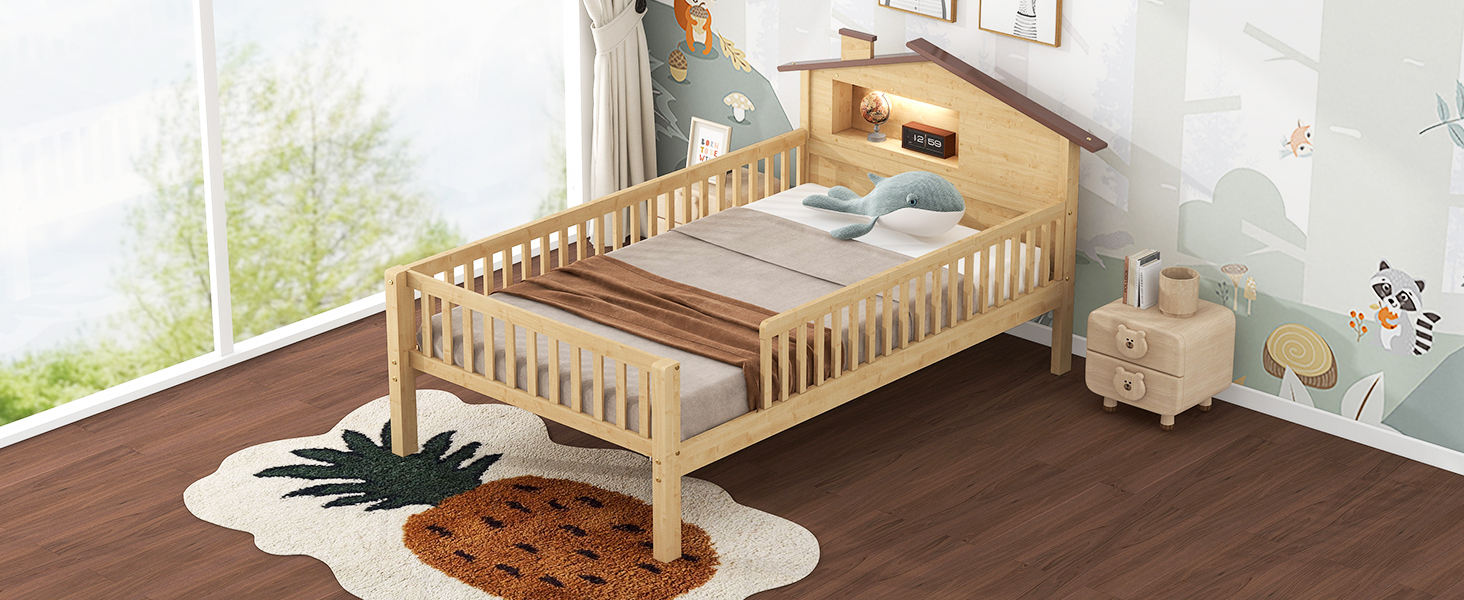 Twin Size Wood Platform Bed with House-shaped Headboard, LED and Built-in Storage, Natural