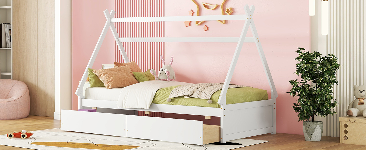 Twin Size House Platform Bed with Two Drawers,Headboard and Footboard, White