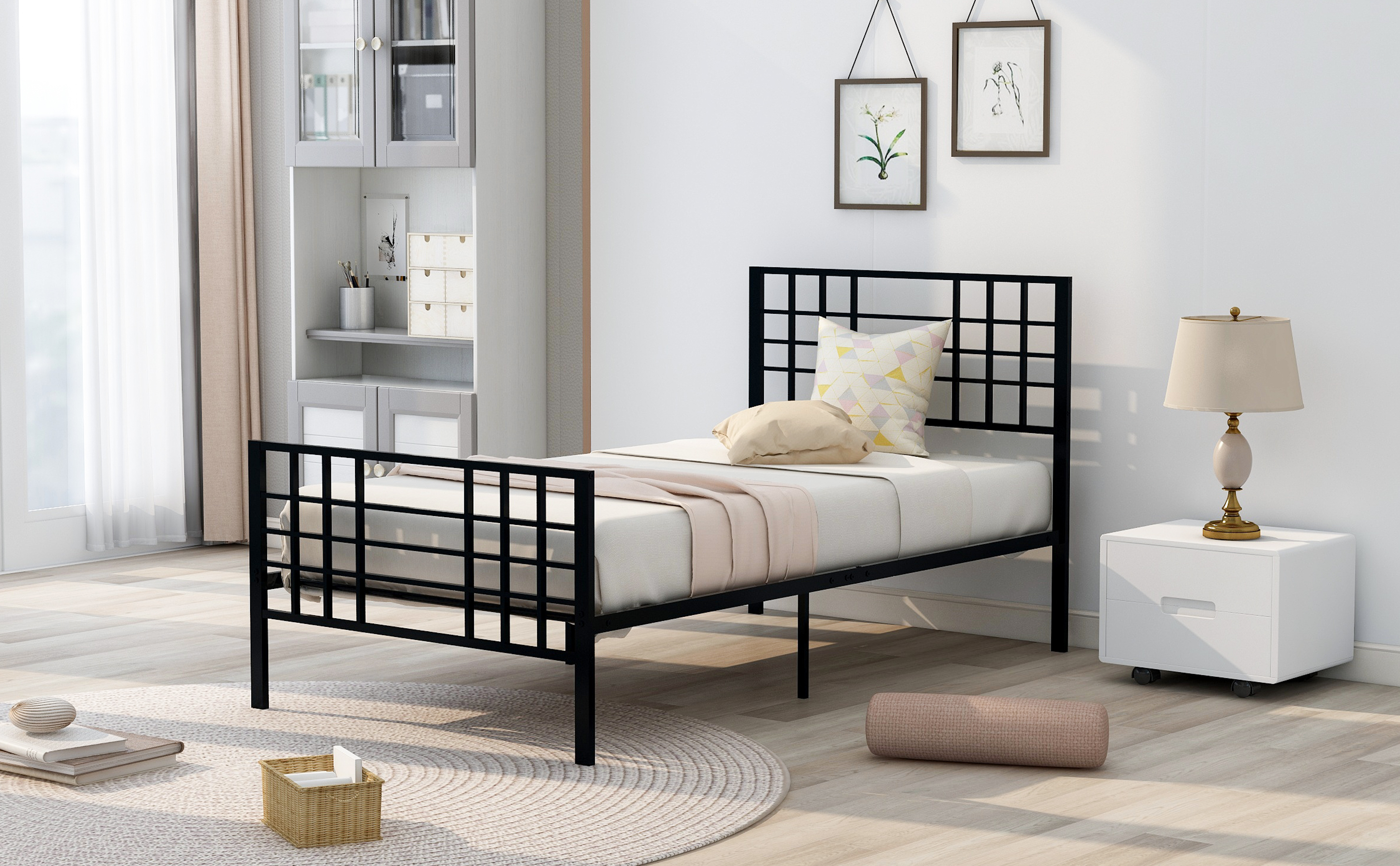 Twin Size Metal Bed Frame Bedroom Platform Mattress Foundation Headboard Black 